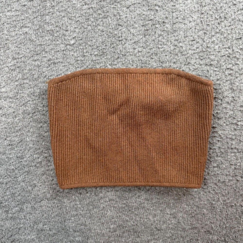 White Fox Tube Top Women's Small Brown Ribbed Knit Strapless Bandeau Crop Top